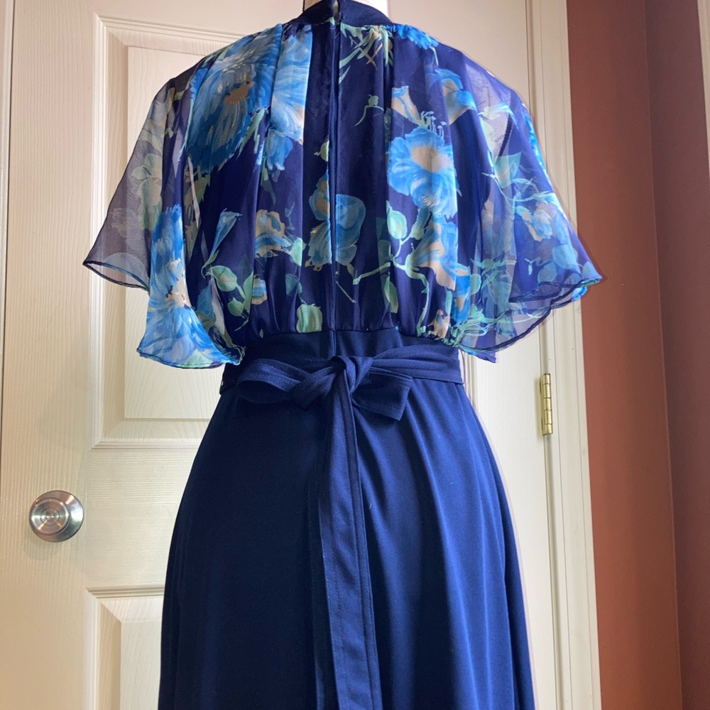 Vintage 70s Flutter Sleeve High Neckline Maxi Dress Floral Navy Formal Wedding - Picture 7 of 9